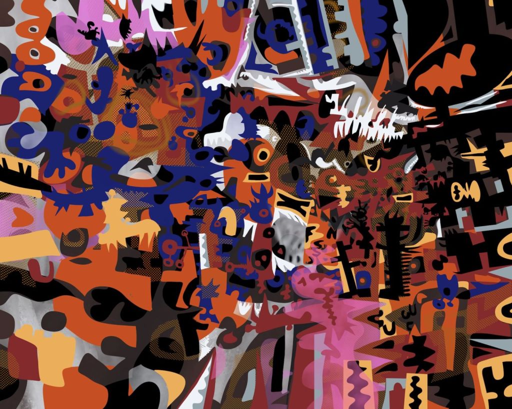 Dense abstract digital painting with layered orange, blue, black, pink, grey and white shapes, symbols and fragments suggesting creatures, maps, signs and coded forms.